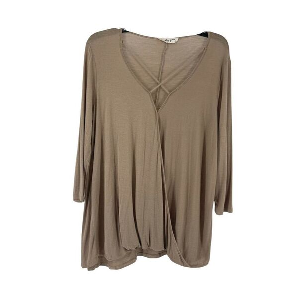 Molly Green Top Brown Criss Cross V Neck Draped 3/4 Sleeve Jersey Stretch Knit L - Picture 1 of 8
